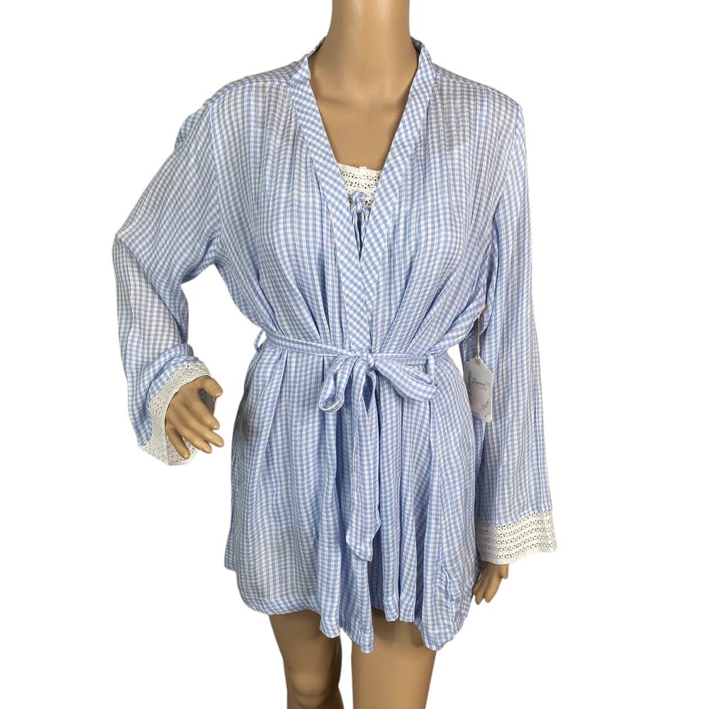 NWT Japna Blue White Gingham Robe & Cami Set M | Crochet Lace Trim Lounge Set